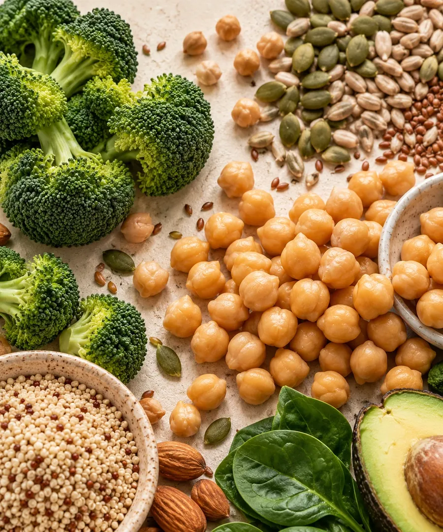Broccoli, ceci, semi, quinoa e avocado